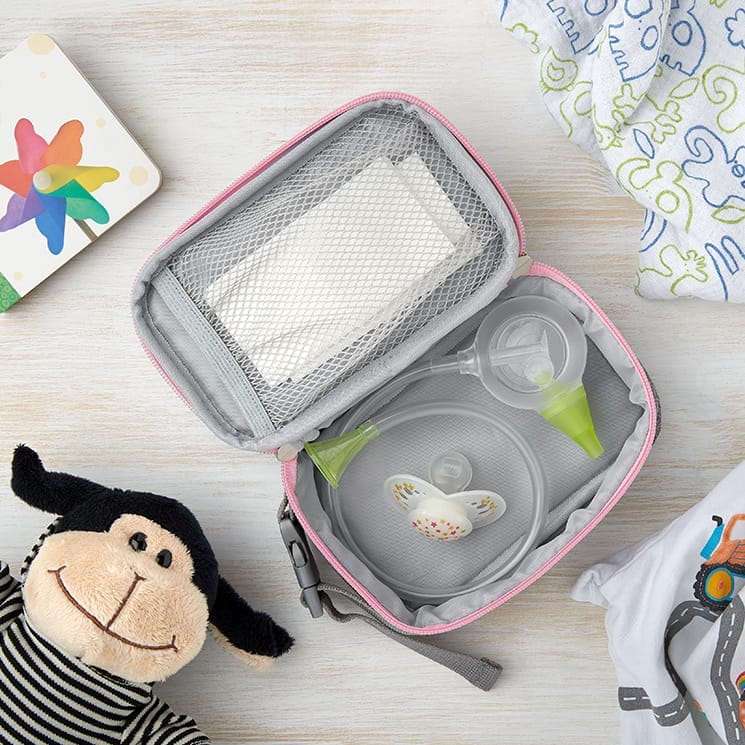 Nosiboo Eco manual nasal aspirator and a matching Nosiboo Toiletry Bag